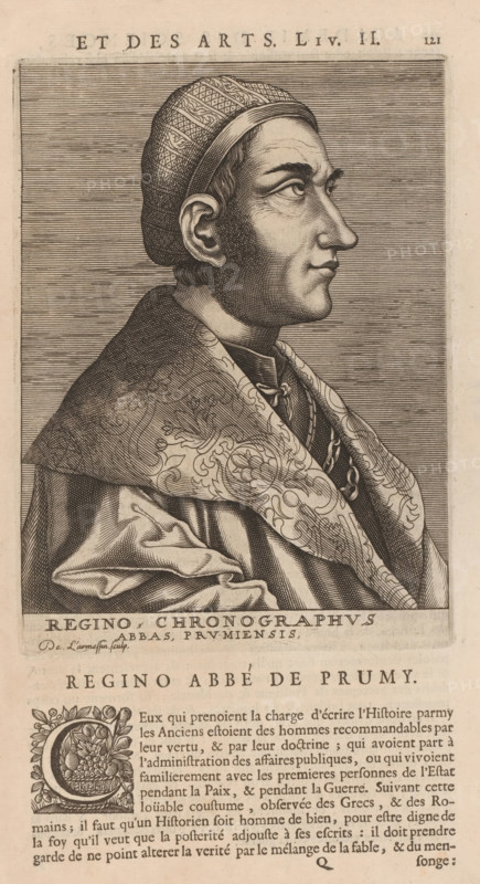 Regino, Chronographus Abbas, Prumiensis, Portrait of Regino von Prüm, print, book illustration, printmaker: Nicolas de Larmessin (I), publisher: François Foppens, Brussels, 1682, paper, engraving, stipple work, letterpress printing, engraving and stipple work, text in letterpress, height 188 mm x width 137 mm, height 336 mm x width 196 mm, Print used for: Bullart, Isaac. Académie des Sciences et Arts contenant les vie et éloges his. the people's illustrations show their excellence and their professions in their environment throughout their lives. Brussels: François Foppens, 1682. The book was also published in Amsterdam in 1682 by the heirs of Daniel Elzevier. Each portrait is an illustration accompanying the biography of an artist or scholar. Most of the portraits were produced by Nicolas de Larmessin (162), 93 by De Boulonois and a third by unidentified printmakers. This concerns an illustration on p. 121, part I., Person, Regino von Prüm, historical persons, abbot, A monochrome engr...