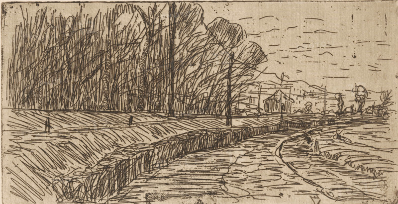 Landscape with road, forest edge and power poles, print, printmaker: Maurits van der Valk (signed by artist), 1867 - 1918, paper, etching, drypoint, intaglio printmaking technique, height 103 mm x width 199 mm, road, path, pylons, power lines, A sepia-toned pen drawing of a landscape showing a winding paved path in the foreground bordered by a low stone wall and grassy banks, a long horizontal field beyond with tall slender trees closely clustered on the left and more sparsely placed trees on the right, thin vertical posts or poles along the field edge, a small house or barn partially visible in the middle distance near the right side, and a sky with scattered short horizontal strokes.
