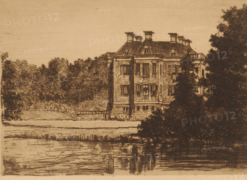 View of Middachten Castle from the water, print, printmaker: Jonkheer Barthold Willem Floris van Riemsdijk, Netherlands, 1860 - 1918, paper, etching, drypoint, intaglio printmaking technique, height 139 mm x width 188 mm, castle, De Steeg, Huis te Middachten, Middachten Castle, A sepia-toned etching shows a large, multi-story building with a steep tiled roof and several chimneys, partially obscured by trees; the facade features tall windows with shutters and a small balcony, while the building sits near a body of water that reflects its lower portion and nearby vegetation; dense foliage surrounds the structure on both sides, and the foreground includes rippling water and marshy grasses.