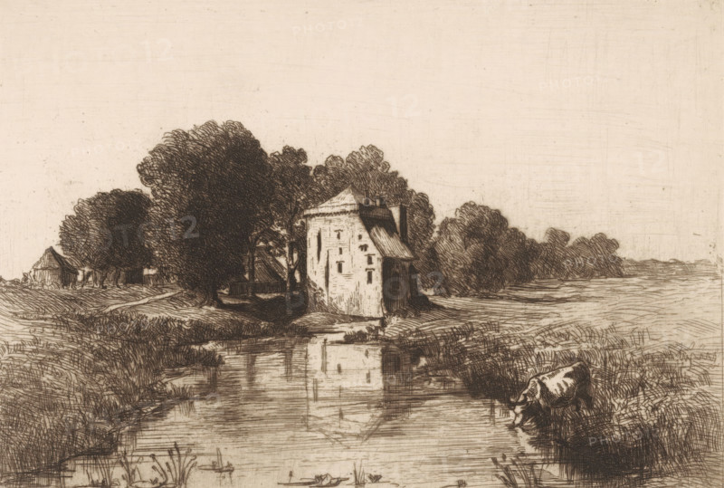 View of the ruins of Nijenbeek Castle, print, View of Nijenbeek Castle, on the bank of the Voorsterbeek (an old bed of the IJssel). A cow is drinking from the stream. The castle is also known as the Hooge Huis., printmaker: Jonkheer Barthold Willem Floris van Riemsdijk, Netherlands, 1893, paper, zinc etching, intaglio printmaking technique, drypoint, pasting, plate tone and drypoint, pasted on paper, height 138 mm x width 198 mm, landscape with ruins, cow, ruin of a dwelling, house, castle, Voorst, Nijenbeek Castle, A sepia-toned etching shows a small riverside scene with dense trees behind a tall, narrow building that stands near the water's edge, its reflection visible in the river. A herd animal grazes on the near bank at the lower right, partially bent toward the water. Vegetation lines both banks and the river surface has subtle ripple marks and reflected shapes. On the left, smaller structures and a winding path appear among more trees, and the sky above is mostly empty with fine...