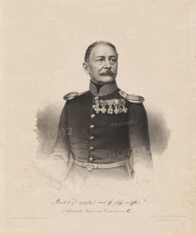 Portrait of Carl Eduard Pönitz, print, Caption in facsimile., print maker: Hanns Hanfstaengl, printer (person): Franz Hanfstaengl, Dresden, publisher: Schönfelds Buchhandlung, 1855, printmaker, printer (person), Saxony, paper, chine collé, lithography, height 611 mm x width 462 mm, Person, Carl Eduard Pönitz, historical persons, adult man, mustache, A monochrome portrait of a uniformed man shown from the waist up, facing slightly to the side, with a neatly groomed mustache and hair combed back, wearing a high-collared military coat with rounded shoulder epaulettes and a row of decorative buttons down the front, a belt at the waist, and a cluster of medals pinned to his chest; the background is a textured light tone with subtle shading around the figure and faint marks across the paper.