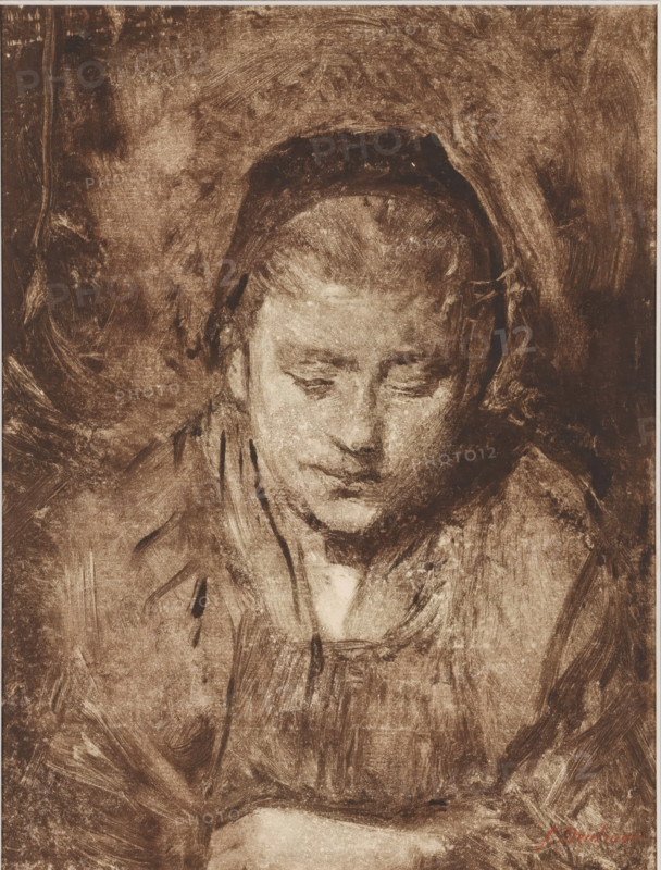 Portrait of an unknown young woman with a bonnet, looking downwards, print, printmaker: Frans Deutmann (signed by artist), 1877 - 1915, paper, monotype, printed in brown, height 324 mm x width 245 mm, anonymous historical person portrayed alone - BB - woman, A sepia-toned portrait of a woman shown from the shoulders up, looking downward with a calm expression, her hair framed by a dark head covering and loose strands, rendered with textured brushstrokes and soft shading that blend her features into a mottled, painterly background.