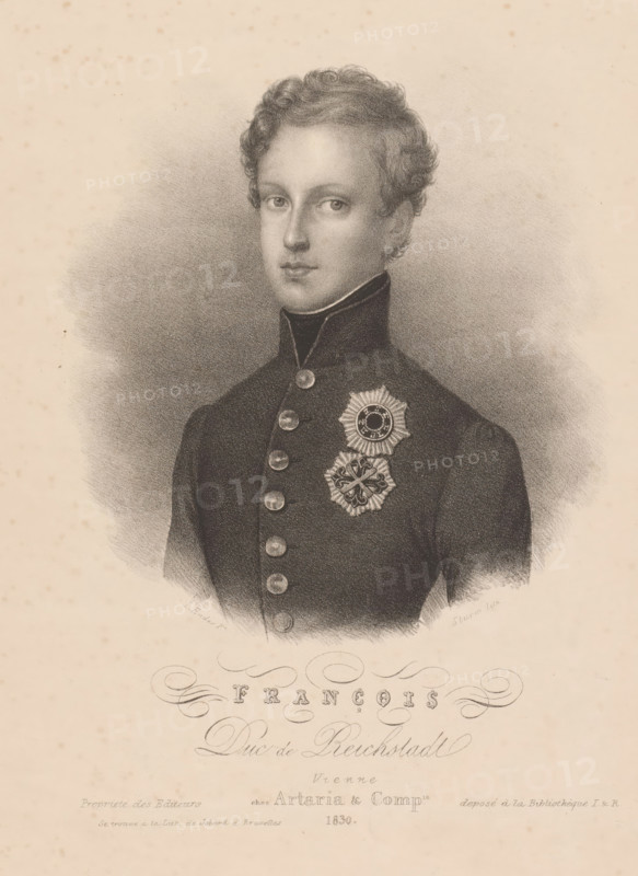 François duc de Reichstadt, Portrait of Napoleon Frans Karel Jozef Bonaparte, print, : 'Deposé à la Bibliothèque I&R.', : 'Propriete des Editeurs', printmaker: Jacques Sturm, after painting by Johann Nepomuk Ender, printer (person): Jean Baptiste Ambroise Marcellin Jobard, Brussels, publisher: Artaria & Co., Vienna, 1830, printer (person), Lower Austria, paper, lithography, height 262 mm x width 185 mm, Person, Napoleon II (King of Rome, Emperor of the French), historical persons, youth, adolescent, A monochrome portrait of a young man shown from the chest up, wearing a high-collared dark uniform with a row of visible round buttons down the front and two ornate star-shaped medals pinned on the left side of his chest, his face framed by short curly hair, with a calm expression and eyes looking slightly toward the viewer, set against a softly shaded background with faint speckling on the paper.