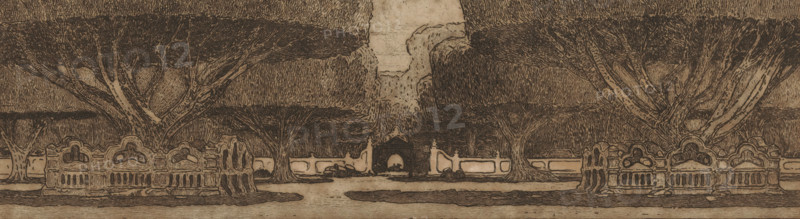 In the Sultan's Palace (original title), Waringin trees in the garden of the Sultan's Palace in Yogyakarta, print, Waringin trees, also known as weeping figs, in the garden of Kraton Ngayogyakarta Hadiningrat, the Sultan's Palace in Yogyakarta on Java. On verso a fragment of the etching 'View of Veere' by Nieuwenkamp., printmaker: Wijnand Otto Jan Nieuwenkamp (signed by artist), in or after 1898, Wijnand Otto Jan Nieuwenkamp, printmaker, paper, zinc etching, intaglio printmaking technique, etching with plate tone on zinc, height 114 mm x width 316 mm, 'View of Veere' has catalogue number E 55 in Hubert, 1912., trees, palace, Java, Central Java, Yogyakarta, Kraton Ngayogyakarta Hadiningrat, A sepia-toned landscape drawing shows a row of stylized trees with broad, flat canopies and textured trunks framing a central pathway. Ornate low stone railings with carved decorative panels run along the foreground on both sides, interrupted by gaps and a recessed archway in the center background. T...