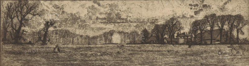 Farm near Santpoort (original title), print, In the foreground several figures in a meadow. In the background trees with bare branches. In this second state of the print, the upper part of the plate has been cut off., printmaker: Wijnand Otto Jan Nieuwenkamp (signed by artist), 1899, 1911-07-19, paper, zinc etching, intaglio printmaking technique, etching with plate tone on zinc, height 92 mm x width 289 mm, farm or solitary house in landscape, A wide monochrome etching shows a riverside landscape with a textured sky filled with swirling clouds above a distant tree line and clusters of taller trees framing the scene; a small group of buildings and farm structures sit near the right bank among bare-branched trees, including a round tower-like structure and pitched roofs; the foreground presents rippled water with subtle reflections and scattered waterfowl near the center, while figures are visible at the water's edge: a person standing in shallow water toward the left, another figure ne...