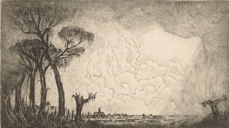 View of Haarlem (original title), print, In the foreground trees. In the background the silhouette of the Grote or Sint-Bavokerk in Haarlem., printmaker: Wijnand Otto Jan Nieuwenkamp (signed by artist), 1902, paper, etching, intaglio printmaking technique, etching with plate tone on copper, proof print, height 130 mm x width 205 mm, prospect of city, town panorama, silhouette of city, trees, Haarlem, Sint-Bavokerk (Haarlem), A monochrome pen-and-ink landscape shows tall, slender trees with textured, flowing bark and canopies of wispy, windblown foliage on the left foreground, a smaller bare tree stump nearer the center, and a twisted, gnarled tree limb on the right edge. The middle ground features a flat shoreline with a small building that has a curved roofline and a spirelike element, surrounded by low structures and distant windmills. The sky dominates the composition with swirling, layered cloud formations rendered in dense, curving lines and a pale, bright opening in the cloud cov...