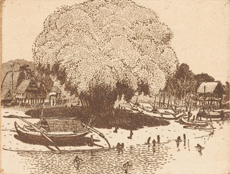View of Loloan Barat in Bali, The fishing village (original title), print, In the foreground, bathing figures and a boat by the bank of the Loloan River. In the background, bamboo and houses in the town of Loloan Barat., printmaker: Wijnand Otto Jan Nieuwenkamp (signed by artist), 1907-08-27 - 1921, 1914-09, paper, zinc etching, intaglio printmaking technique, etching with plate tone in brown on zinc, height 126 mm x width 190 mm, river, village, Bali, Loloan Barat, A sepia-toned ink drawing showing a waterfront scene with a large, rounded tree occupying the center, its foliage rendered with short, dense strokes. Small boats with curved hulls and simple shelters sit along the water near the shore, some overlapping and tied together. A cluster of stilted huts with thatched roofs lines the left bank behind vegetation, while more huts and trees appear on the right bank. Figures in the water and on the shore are sketched with minimal detail, some standing and some wading. The foreground wa...