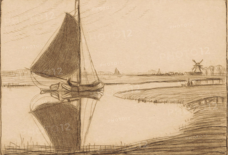 A Silent Day (original title), Drecht, print, A sailing ship on the river Drecht in South Holland. A windmill in the background on the right., printmaker: Wijnand Otto Jan Nieuwenkamp (signed by artist), 1914-07-14, paper, drypoint, intaglio printmaking technique, drypoint and plate tone, proof print, height 126 mm x width 175 mm, sailing-ship, sailing-boat, A pencil drawing of a waterside scene dominated by a large sailboat in the foreground with darkly shaded sails and slender rigging, its hull reflected in calm water below. The shoreline curves gently to the right with textured grasses and linear furrows, and in the background a low horizon shows small buildings and a windmill with sails. Near the right shore a small figure stands beside a smaller animal, and faint horizontal marks suggest clouds in the sky. The image is rendered in soft sepia tones with thin, sketchlike lines and subtle shading.