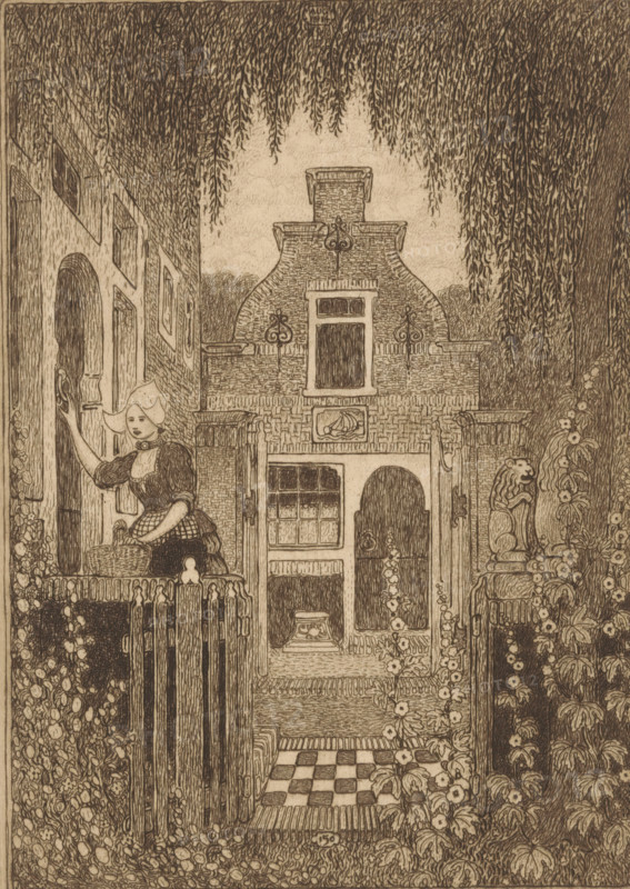 At the front door (original title), Woman in traditional costume knocking on a front door in Edam, print, A woman in traditional costume knocks on the front door of a house in Edam. She is carrying a basket. In the foreground, climbing plants and two statues of lions on pedestals., printmaker: Wijnand Otto Jan Nieuwenkamp (signed by artist), 1914-08-11, 1914-09, paper, etching, intaglio printmaking technique, etching with plate tone on copper, proof print, height 220 mm x width 156 mm, folk costume, regional costume, statues, sculptures in garden, knocking at the door, Edam, A detailed sepia-toned illustration shows a narrow courtyard framed by tall hanging foliage from above and dense plants with flowers along the sides. In the foreground a checkerboard-tiled path leads toward a small gate and a brick building with ornate brickwork and decorative ironwork. A woman in period dress and a bonnet stands near an open doorway on the left, holding a basket and touching the doorframe. The cou...