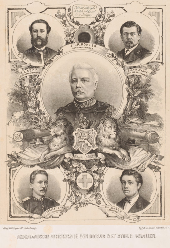 Dutch officers fallen in the war with Atchin, Portraits of five Dutch officers, print, Portraits of CE Sepp, Johan Harmen Rudolf Köhler, JJ Engelvaart, J. Vogelenzang and BH Zimmer., : 'Registered.', printer (person): Spanier & Zn, widow Elias, The Hague, publisher: Nijgh & Van Ditmar, Rotterdam, 1873, printmaker, printer (person), paper, tone lithograph, tone lithograph in black with tone block in beige, height 325 mm x width 239 mm, Person, officer, A vertically oriented sepia lithograph showing a central circular portrait of a middle-aged man with light hair and a mustache wearing a decorated military uniform, framed by ornate foliage and heraldic elements; above him are two smaller circular portraits of bearded men in formal attire, each set within decorative wreaths, and between them a small circular emblem with ornamental flourishes; below the central portrait are two reclining lions flanking a detailed coat of arms topped by a crown and surrounded by drapery and foliage, with a ...