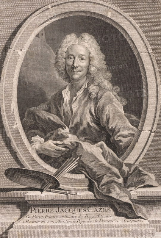 Portrait of Pierre-Jacques Cazes, Pierre Jacques Cazes, print, printmaker: Jacques-Philippe Le Bas, after painting by Jacques-André-Joseph Aved, 1730, paper, etching, engraving, height 382 mm x width 262 mm, Person, Pierre-Jacques Cazes, historical persons, portrait, self-portrait of artist, A detailed engraved portrait of a man with long, curly hair shown from the waist up and seated within an oval stone frame, wearing loose draped clothing with folds and holding fabric in his hands, a painter's palette and brushes resting on the ledge below the frame, and a textured brick-like background surrounding the oval.