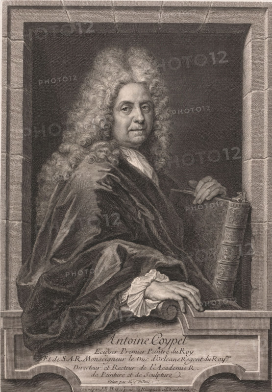 Portrait of Antoine Coypel, Antoine Coypel, print, printmaker: Jean Baptiste Massé, 1717, paper, engraving, etching, height 359 mm x width 250 mm, Person, historical persons, portrait, self-portrait of painter, A sepia-toned engraved portrait shows an older man seated within a framed niche, wearing a voluminous curly wig and a dark draped robe with visible folds and sheen. His face is turned toward the viewer with a composed expression, and one hand rests on a large ornate book while the other hand rests on a rolled object on a ledge. The background inside the niche is textured uniformly darker than the surrounding architectural border, which resembles stone blocks. Decorative edging and a carved ledge are visible beneath the figure. The engraving technique and fine crosshatching are visible throughout the image.