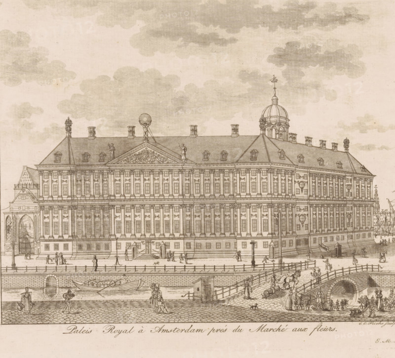 View of the Royal Palace in Amsterdam, Royal Palace in Amsterdam near the flower market, print, monogram: 'EMd', printmaker: Karel Christiaan Fuchs, 1802 - 1855, paper, etching, intaglio printmaking technique, height 168 mm x width 200 mm, palace, Amsterdam, Royal Palace of Amsterdam, A wide architectural drawing of a large classical building with a detailed façade of many windows and decorative elements, a pitched roof punctuated by dormer windows and chimneys, a central pediment topped by a sculptural group and a figure holding a spherical object, and a domed tower with a small flag at its peak; the foreground shows a riverside scene with a stone embankment, a bridge arching over the water, boats moored along the quay, and numerous small human figures walking, standing, and interacting on the riverside and bridge, with lampposts, barrels, and other street fixtures scattered along the scene and clouds sketched across the sky.