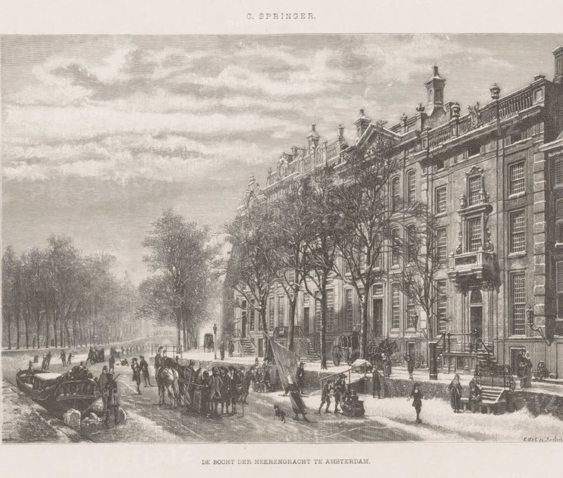 Winter view of the bend in the Herengracht in Amsterdam, The bend of the Herengracht in Amsterdam, print, printmaker: Emil Ost, after design by Cornelis Springer, 1856 - c. 1921, paper, wood engraving, letterpress printing, with text in letterpress, height 329 mm x width 499 mm, skates (winter sports), bridge in city across river, canal, sleigh, sledge (non-sport), Amsterdam, Herengracht (Amsterdam), A wide city street scene rendered in a detailed monochrome engraving showing a long row of ornate multi-story buildings with decorative facades, balustrades, chimneys, and sculptural elements along the right side, bare winter trees lining the sidewalk, a frozen canal or roadway in the foreground with people walking, standing, and engaging in various activities, horse-drawn carriages and a boat at the canal edge, groups of figures clustered together, street lamps and steps leading up to building entrances, and a sky filled with horizontal cloud textures above the scene.