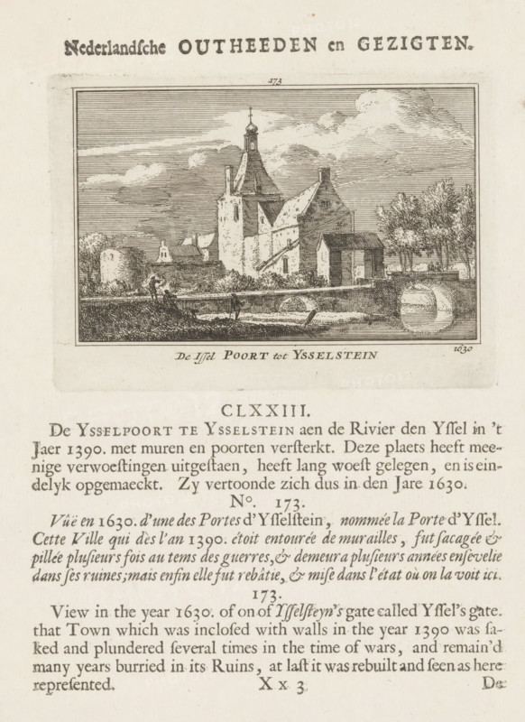 The IJssel Gate at Ysselstein, View of the IJssel Gate in IJsselstein, print, book illustration, printmaker: Abraham Rademaker, publisher: Willem Barents, Amsterdam, 1725, paper, etching, engraving, letterpress printing, etching and engraving, with text in letterpress on recto, height 83 mm x width 116 mm, A rectangular engraved illustration bordered by a thin frame depicts a river scene with a stone arched bridge on the right, reflected in the water below, leading to a cluster of buildings including a tall structure with a steep roof and a small tower topped with a rounded finial, flanked by lower gabled roofs and a small boathouse-like structure at the water’s edge, trees rising behind and to the right of the buildings, a low wall and grassy bank in the foreground with two small human figures standing near the water, and a sky filled with horizontal line shading and wispy clouds above.