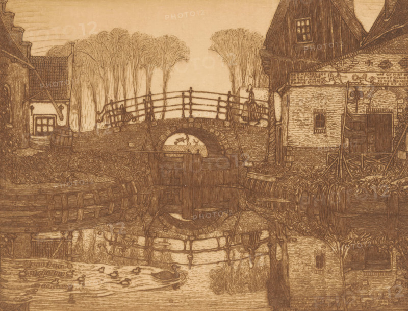 Servant's lock in Edam, The small lock, Edam (original title), print, On the lock a woman and a girl in traditional costume. Houses on either side of the lock. In the foreground a duck with ducklings in the water., printmaker: Wijnand Otto Jan Nieuwenkamp (signed by artist), 1903-08, 1910-10, Wijnand Otto Jan Nieuwenkamp, printmaker, paper, etching, intaglio printmaking technique, etching with plate tone in brown on copper, proof print, height 138 mm x width 176 mm, folk costume, regional costume, water-birds: duck, sluice, weir, Edam, A sepia-toned drawing of a riverside village showing an arched stone bridge with a railing and figures walking across it, flanked by buildings with tiled roofs and timbered walls, barrels and baskets near the water, a small boat beneath the bridge, clustered tall leafed trees behind the bridge, a stone archway with a window and doorway on the right building, reflections of structures and the bridge visible in the water, and ducks swimming on the water su...