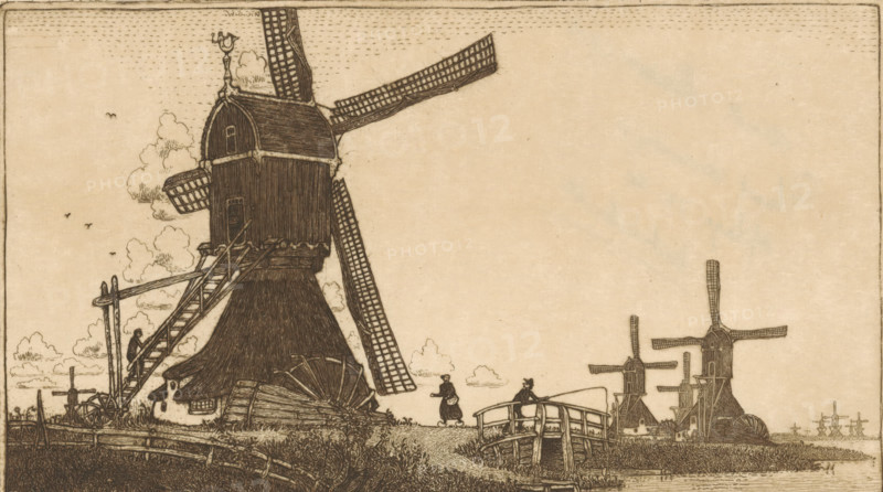 Wipmolens on the Vlist between Haastrecht and Schoonhoven, Watermills near Gouda (original title), print, In the middle a bridge with a woman in clogs and a man with a fishing rod on it. They are looking at each other., inscription: 'Plate destroyed, edition 50 copies, sold out', printmaker: Wijnand Otto Jan Nieuwenkamp (signed by artist), 1903-04-28, 1912-07, paper, etching, intaglio printmaking technique, etching with plate tone on copper, height 138 mm x width 188 mm, windmill in landscape, river, Krimpenerwaard, Vlist, An etched landscape showing a large traditional windmill with detailed sails and wooden body on the left, a set of stairs and a small platform attached, and smaller windmills in the distance on the right; grassy foreground with a winding path leading to a small arched wooden bridge over a narrow waterway; two small human figures near the bridge, one standing and one seated on the bridge holding a long pole; scattered clouds in the sky and a few small birds; weathered...