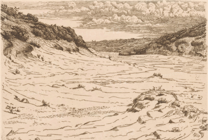 Dune landscape, print, printmaker: Maurits van der Valk (signed by artist), 1867 - 1922, paper, etching, intaglio printmaking technique, height 139 mm x width 198 mm, dunes (sea not visible), in the dunes, A wide, horizontal etching of a sandy landscape framed by low, rounded dunes and scrubby vegetation, with textured lines indicating windswept sand in the foreground and denser, darker hatch marks forming clustered bushes on the dune slopes to left and right; a strip of distant hills stretches across the midground beneath a sky filled with layered, billowing clouds rendered in fine parallel and curved strokes, and small tufts of grass and scattered pebbles dot the sandy surface.