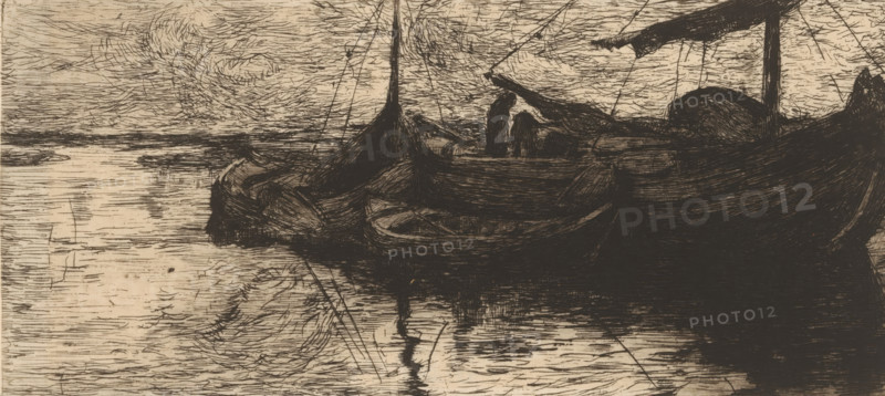 Ships in a canal (original title), print, printmaker: Floris Verster, 1889, paper, chine collé, etching, drypoint, intaglio printmaking technique, etching and drypoint with plate tone on chine collé, height 110 mm x width 237 mm, sailing-ship, sailing-boat, canal, A monochrome etching shows a shoreline scene with several moored boats clustered along the water's edge, their hulls and masts rendered in dense, dark hatch marks against a lighter sky and reflective water surface; two figures stand on one of the boats, silhouetted by the surrounding lines, while rigging and spars extend overhead and cast strokes across the composition, and the water mirrors the boats and sky with horizontal and swirling etched lines.