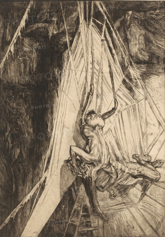 Spiderweb with humanoid spider that has captured a man, L'Araignée, print, Creature with the lower body of a spider and the upper body of a woman bends over the body of a man., printmaker: Marcel Roux (signed by artist), 1910, Marcel Roux, printmaker, paper, etching, intaglio printmaking technique, drypoint, height 446 mm x width 312 mm, (corpse of) man eaten by animals, spiders, A detailed monochrome etching shows a skeletal, emaciated human figure suspended by ropes or straps, the head tilted back and the mouth open, muscles and ribs pronounced; the limbs are thin and angular with one arm extended upward and the other draped down. The suspension lines fan outward across the composition, intersecting with triangular and linear shapes that create a sense of structure behind the figure. Dark, heavily hatched areas form a textured background with dense vertical and diagonal strokes, while lighter, more sparse crosshatching defines planes and surfaces around the central figure. At the low...
