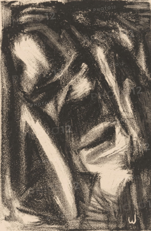 Abstract composition, print, printmaker: Erich Wichmann (signed by artist), 1920, paper, lithography, height 222 mm x width 146 mm, Abstract, Non-representational Art, A close-up black and cream charcoal drawing with broad, sweeping strokes and textured shading forming abstracted, curved shapes and angular lines, showing areas of dense dark pigment contrasted with lighter, softly smudged highlights and rough, grainy edges throughout the composition.