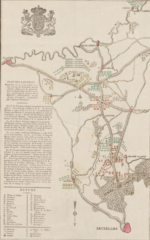 Plan des Batailles Données le 15, 17, 17 et 18 Iuin 1815, aux environs de Bruxelles, par les Armées Aliées sous le commandement en chef du Duc de Wellington, remportant la Victortoire de la Belle-Alliance, sur les Armées Francaises, commandées par Napoléon Buonaparte, Kaart met de veldslagen bij Quatre-Bras en Waterloo, 15-18 juni, 1815, print, map, Kaart van de streek tussen Brussel en Charleroi waar tussen 15-18 juni 1815 veldslagen waren uittussen tussen de armies van de Geallieerden en het French army under Napoleon. Op de kaart zijn de strijdorde van de armieden. With a description of the battles and a legend in French. The various places and armies indicated in colors., printmaker, Netherlands, paper, etching, woodcut, letterpress printing, hand coloring, etching and engraving, the coat of arms in woodcut and the text in letterpress, partly hand-colored, height 380 mm x width 255 mm, Person, Napoleon I (Emperor of the French), Arthur Wellesley or Wellington, maps of separate coun...