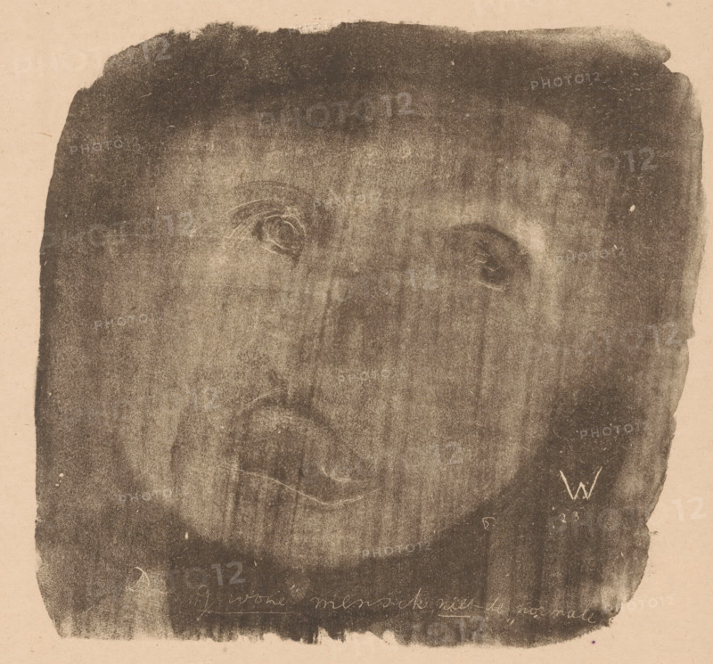 The 'ordinary' person, not the 'normal' (original title on object), Idealists II and further Marginal Notes (original series title), print, A face against a dark background., printmaker: Erich Wichmann, 1923, paper, lithography, height 173 mm x width 161 mm, caricatures (human types), A roughly rectangular dark charcoal smudge covers most of the image on a light beige background, with uneven edges and a textured grainy surface, faint circular impressions that resemble shallow depressions, subtle lighter streaks and scratches across the dark area, and a few small isolated lighter spots near the edges.
