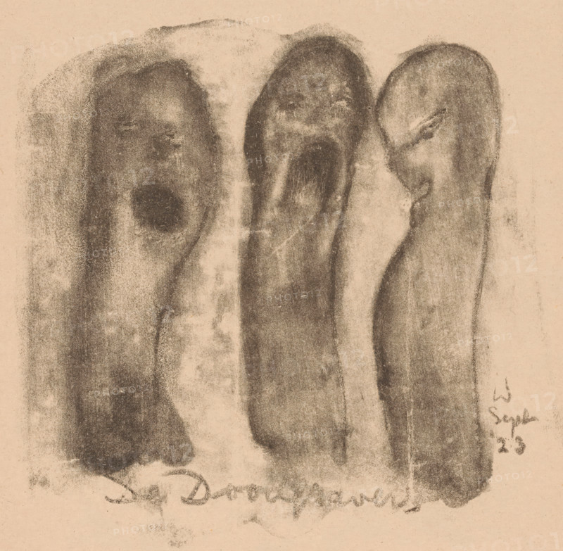 The Gravediggers (original title on object), Idealisten II and further Marginal Notes (original series title), print, Three elongated abstracted figures with open mouths., printmaker: Erich Wichmann, 1923-09, paper, lithography, height 159 mm x width 165 mm, caricatures (human types), grave digger, Three elongated, dark, smudged silhouettes stand side by side against a lighter textured background, each with soft, rounded tops and shadowed facial-like areas suggesting closed features, the leftmost shape is broader and darker with a subtle lighter patch near its center, the middle figure is slightly narrower with a darker oval in its lower portion and faint marks near the upper area, and the rightmost silhouette is the most defined with a gentle downward tilt and a slender neck-like extension, all rendered in grainy charcoal tones with visible smudging and streaked vertical shading across the paper.
