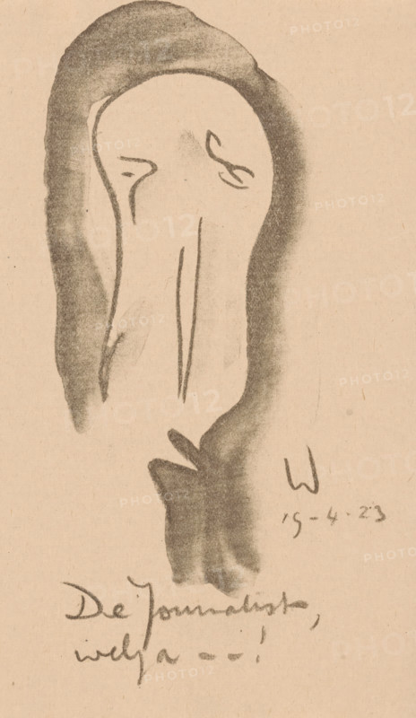 Caricature of a journalist, Idealists II and Further Notes (original series title), print, At the bottom of the text: 'The Journalist, well then..!', printmaker: Erich Wichmann, 1923-04-19, paper, lithography, height 185 mm x width 114 mm, journalist, reporter, caricatures (human types), A vertical charcoal sketch on tan paper showing a hooded head with a long narrow face and simplified facial marks, dark shading around the hood and along the sides of the figure, a darker shaded area suggesting a collar or garment below the face, and faint handwritten marks and scribbles near the lower right and bottom edges.