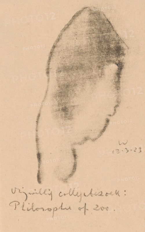 Abstracted head, Idealists II and further Marginal Notes (original series title), print, At the bottom of the text: 'Voluntary lecture visit: Philosophy of zoo.', printmaker: Erich Wichmann, 1923-03-18, paper, lithography, height 196 mm x width 124 mm, scholar, philosopher, caricatures (human types), A pale sheet with a charcoal or pencil rubbing of a side profile head shape, showing a textured dark area forming the top and back of the head and a lighter smudged interior, with a darker curved outline suggesting the jaw and neck extending downward, and faint smudges and marks scattered around the main form.