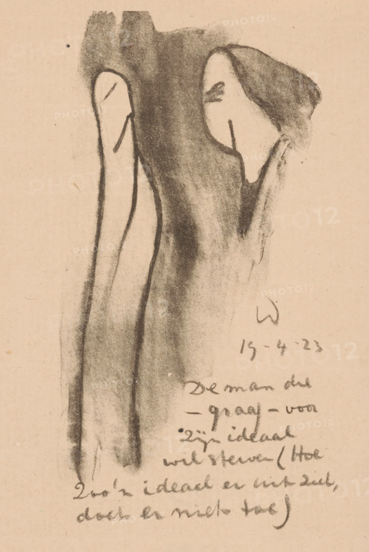 Two abstracted figures, Idealists II and further Marginal Notes (original series title), print, At the bottom of the text: 'The man who - willingly - wants to die for his ideal (What such an ideal looks like does not matter)'., printmaker: Erich Wichmann, 1923-04-19, paper, lithography, height 177 mm x width 125 mm, caricatures (human types), A charcoal sketch on beige paper depicting the back view of a person wearing a long flowing garment with soft, smudged shading and bold contour lines, the head turned slightly to the side showing a minimal facial outline and a dark sweep of hair, with elongated arm shapes and shadowed folds extending downwards, and additional faint marks and smudges around the figure.