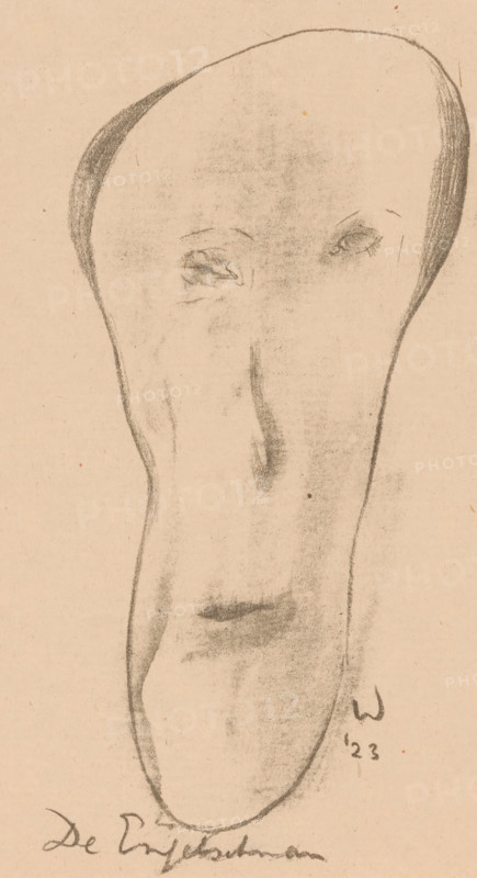The Englishman (original title on object), Idealists II and Further Notes (original series title), print, Elongated face of a man with a bald head., printmaker: Erich Wichmann, 1923, paper, lithography, height 216 mm x width 150 mm, caricatures (human types), A tall, elongated oval face drawn in charcoal on tan paper, with faintly sketched eyes near the upper third, subtle shading suggesting a long nose and a small, darkened mouth area, darker charcoal outlining the curved sides of the head and lighter smudged tones across the surface, and a small dark mark and an ink-like stroke visible near the lower right edge.
