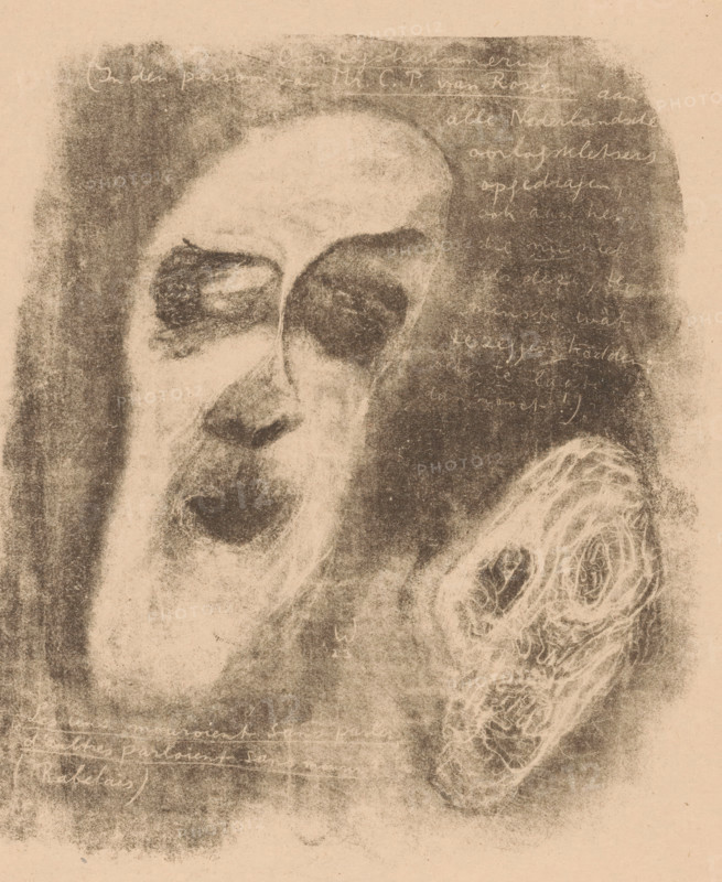 Two narrow faces with empty eye sockets, print, In the background text fragments, including a quote from François Rabelais., printmaker: Erich Wichmann, 1900 - 1925, paper, lithography, height 189 mm x width 163 mm, Person, François Rabelais, caricatures (human types), A close-up monochrome drawing of a face with closed eyes and an open mouth rendered in textured charcoal tones on a beige background, with dark shaded areas around the eyes and mouth and lighter, smudged shading on the forehead and cheek, a separate textured oval form with coiled, line-filled interior near the lower right, and faint cursive handwriting visible in the darker area to the right and along the top and bottom edges.