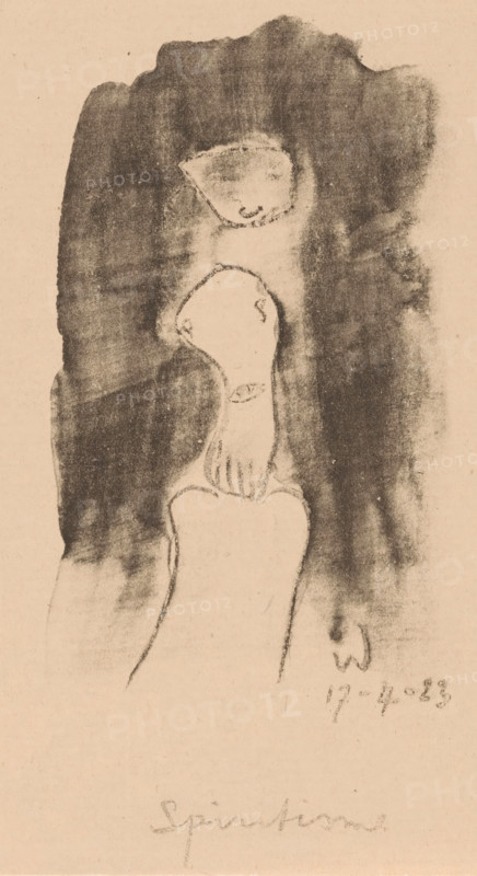 Spiritisme (original title on object), Idealisten II en verder Kanttekeningen (original series title), print, A spirit hovers above an abstracted figure., printmaker: Erich Wichmann, 1923-04-17, paper, lithography, lithografie, height 192 mm x width 144 mm, caricatures (human types), materialization, appearance of spirit or ghost, A vertical rectangular image with a pale beige background showing a dark, roughly rectangular charcoal or ink wash area occupying the upper two thirds, with uneven edges and textured shading. Within the dark area near the top there is a lighter, roughly triangular shape with a textured interior. Below that, centered, a lighter vertical form emerges from the darker wash, suggesting an elongated head-like outline with a single eye-like shape on one side and faint contour lines indicating a neck and a hand-like cluster of short vertical marks near the base of the neck. The lower portion of the image shows a pale, curved torso-like shape outlined faintly against ...