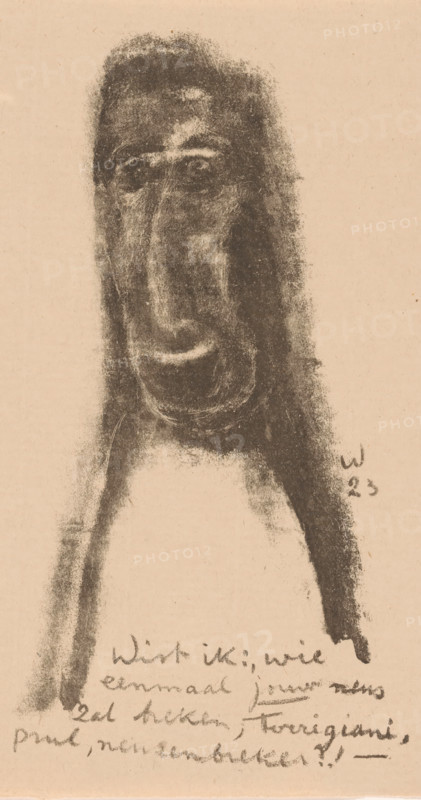 Caricature figure with open mouth, Idealists II and further Marginal Notes (original series title), print, At the bottom of the text: 'If only I knew: who will one day break your nose, Torrigiani, rubbish, nose-breaker?!-'., printmaker: Erich Wichmann, 1923, paper, lithography, height 198 mm x width 117 mm, caricatures (human types), A charcoal-like sketch of a tall elongated head and shoulders on a beige background, with dark smudged shading forming narrow hair around the face, deep-set eyes, a long nose, and a broad mouth, and darker shaded strokes extending down to suggest a torso, with faint scribbled marks near the lower edge.