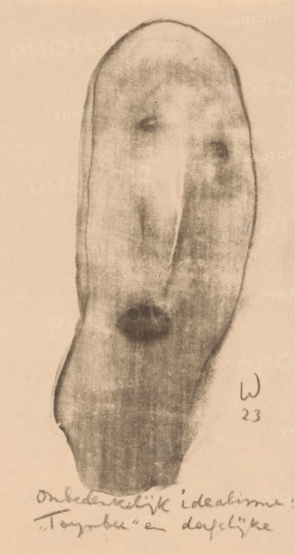 Elongated abstracted face with open mouth, Idealists II and further Marginal Notes (original series title), print, At the bottom of the text: 'Unquestionable idealism: 'Toynbee' and the like'., printmaker: Erich Wichmann, 1923, paper, lithography, height 208 mm x width 115 mm, caricatures (human types), A vertical charcoal or pencil sketch of an elongated, rounded head-like shape on a beige background, with soft, smudged shading creating darker areas where faint eye-like marks and a heavier, blurred mouth-like oval appear; the outline is irregular and darker along the edges, and there are subtle tonal variations and grainy texture throughout the form.