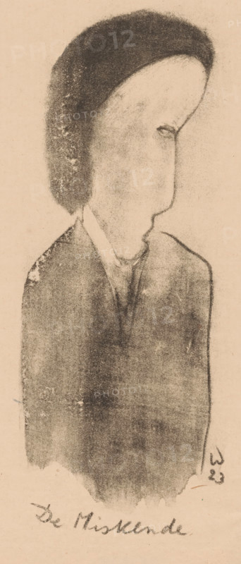 The misunderstood (original title on object), Idealists II and further Marginal Notes (original series title), print, A standing figure with black hair and an abstracted face., printmaker: Erich Wichmann, 1923, paper, lithography, height 220 mm x width 104 mm, caricatures (human types), A monochrome charcoal or pencil drawing of a person shown from the shoulders up in profile facing right, with a large rounded head, a textured dark hair or head covering, a long smooth forehead, a simplified eye and nose, and a faintly indicated mouth; the figure wears a dark, softly shaded garment with a lighter collar area, and the background is a plain light paper surface with areas of smudging and uneven shading.