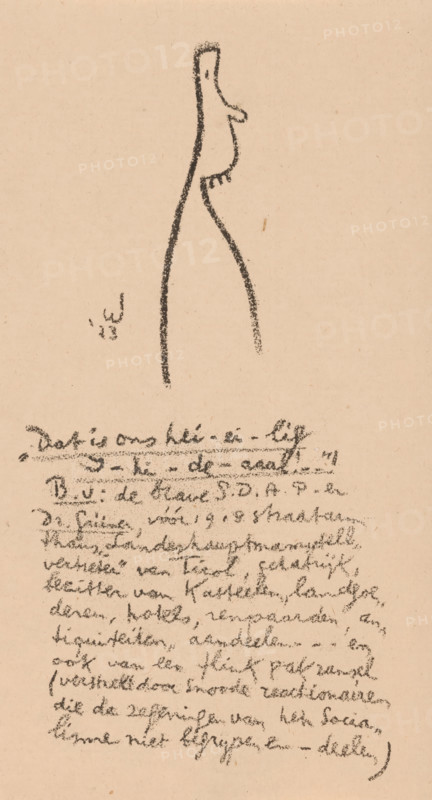 Caricature figure, Idealists II and Further Notes (original series title), print, At the bottom of the text: ''That is our holy I-i-i-l-i-e-al!..'! E.g.: the brave SDAP, not understanding and - sharing the blessings of socialism)'., printmaker: Erich Wichmann, 1923, paper, lithography, height 235 mm x width 130 mm, caricatures (human types), A vertical sketch on a beige paper showing a tall, narrow, roughly outlined humanoid figure with a long neck and a small head, drawn in dark sketchy charcoal lines, with short vertical strokes under the head suggesting fringe or teeth, and a curved arm-like protrusion; below the figure there is a block of dense, dark, cursive-like scribbled writing and a few short lines of similar marks to the left of the figure.