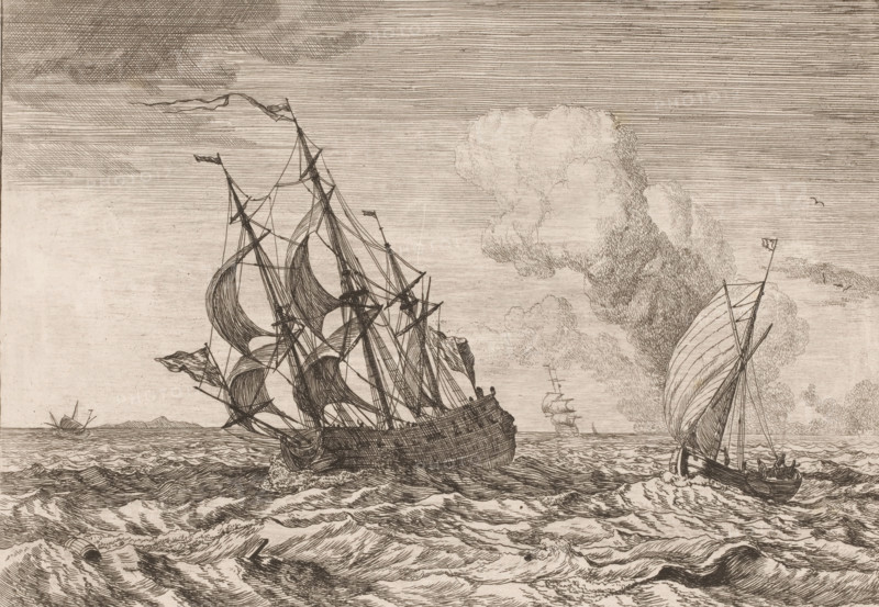Seascape with ships, print, printmaker: Adrien Manglard, Rome, 1753, paper, etching, intaglio printmaking technique, height 227 mm x width 317 mm, ships (in general), sea (seascape), A detailed pen-and-ink scene of sailing ships on choppy water, showing a large multi-masted ship with numerous furled and billowing sails and visible rigging toward the left, a smaller boat with a tall sail and figures aboard on the right, distant vessels on the horizon, foamy waves in the foreground, and textured clouds and streaked sky above.