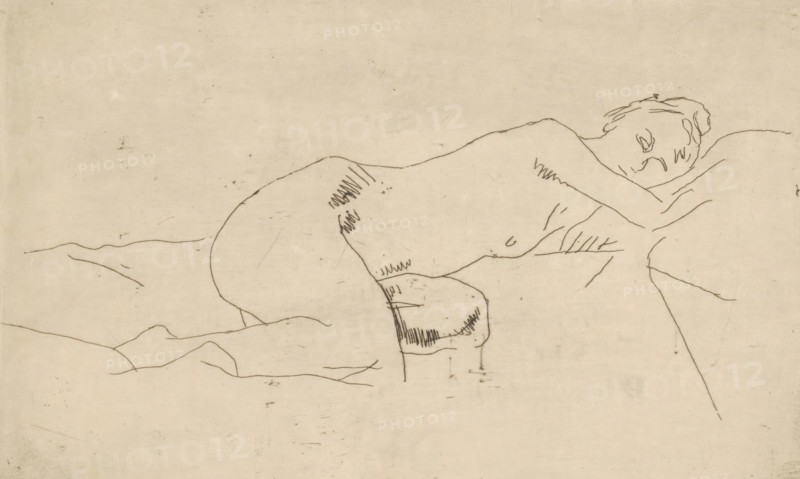 Reclining Female Nude, print, Female nude lying on her side, her head to the right., signature: 'GHBreitner', printmaker: George Hendrik Breitner (signed by artist), c. 1891 - c. 1893, ink, materials by function, paper, printing ink, etching, intaglio printmaking technique, etching with plate tone, height 179 mm x width 177 mm, height 316 mm x width 206 mm, woman (showing herself) undressed, quasi-nude, A simple line drawing on a pale, textured background shows a reclining nude figure lying on a surface with head resting on an arm and eyes closed; the body is outlined with thin, sketchy lines, with minimal shading marks on areas like the torso and limbs, and a few stray lines indicate folds of the surface beneath and the surrounding space.