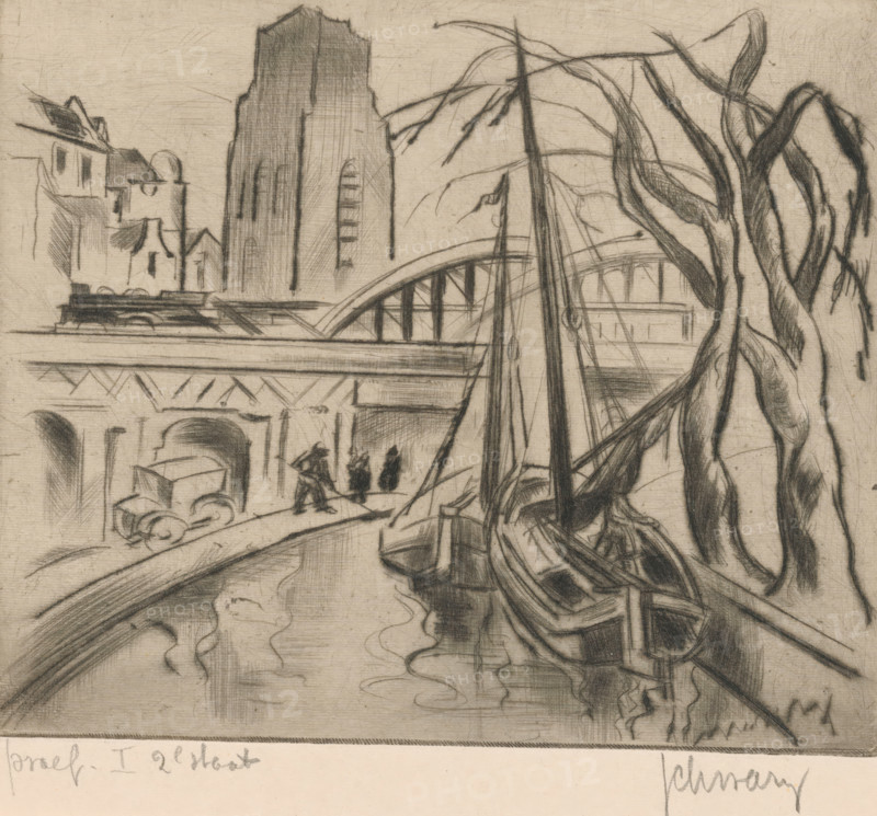 View of Rotterdam, print, In the foreground two sailboats in front of a bridge. In the background the tower of the St. Lawrence Church., printmaker: Mommie Schwarz (signed by artist), 1886 - 1931, paper, drypoint, intaglio printmaking technique, drypoint and plate tone, proof, height 142 mm x width 166 mm, sailing-ship, sailing-boat, canals, waters (in city), Rotterdam, Grote or Sint-Laurenskerk (Rotterdam), A pencil sketch showing a waterfront scene with a bridge and buildings along the riverbank, a tall vertical building rising behind lower structures, an arched bridge span, boats moored along the edge with visible masts and rigging, a curved waterfront railing, a tree with twisting trunks and drooping branches at the right, a roadway or quay with a simple vehicle and small silhouetted figures, reflections and ripples in the water, and architectural details such as arches and decorative elements on the riverside buildings.