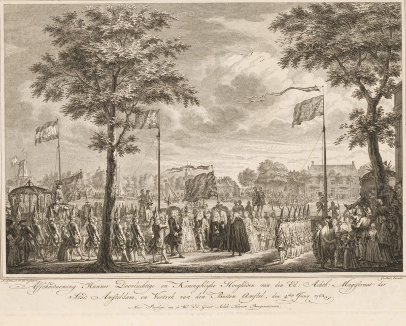Farewell of Their Illustrious and Royal Highnesses to the Noble and Honorable Magistracy of the City of Amsterdam, and Departure from the Buiten Amstel, June 4, 1768, Farewell of William V and his wife at the Buiten Amstel, Illustration of the Joyful Events and Ceremonies that took place in Amsterdam upon the arrival and during the stay of William and his Consort, on Monday, May 30, and several subsequent days, of the year 1768, print, Stadtholder William V and Princess Wilhelmina of Prussia bid farewell to the magistracy of Amsterdam at the inn De Berebijt on the Buiten Amstel, 1768. Part of a print series with title page and fourteen plates of the reception of the prince and princess in Amsterdam, 30 May - 4 June 1768., printmaker: Simon Fokke, Northern Netherlands, after design by, publisher: Johannes Smit (publisher), grantor of privilege: Mayors of Amsterdam, 1769 - 1773, paper, etching, engraving, etching and engraving, height 295 mm x width 404 mm, Person, William V (Prince of O...