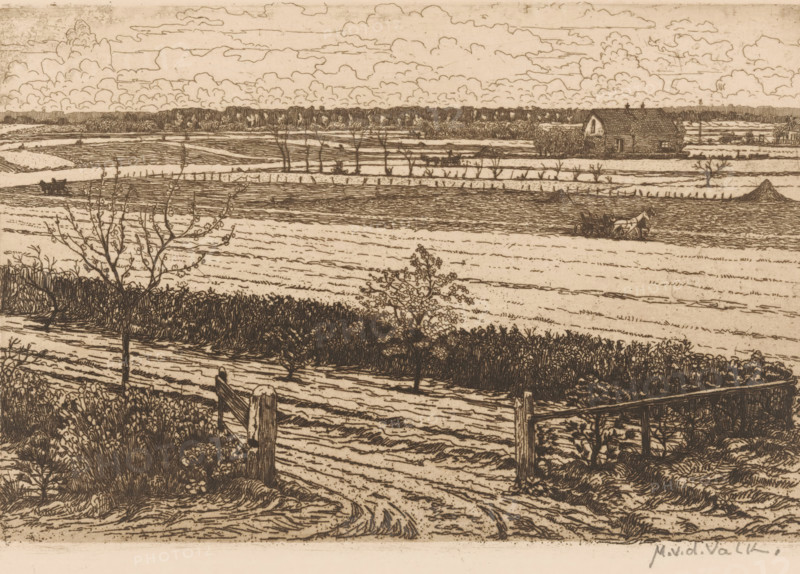 Landscape with fields and farm, print, printmaker: Maurits van der Valk (signed by artist), 1867 - 1931, paper, etching, intaglio printmaking technique, height 145 mm x width 212 mm, farm or solitary house in landscape, cultivated land, A sepia-toned etching of a rural landscape showing rolling fields divided by hedges and fences, a foreground dirt track leading through a wooden gate, bare-branched trees and low shrubs, a distant farmhouse with a pitched roof near the right side, a horse-drawn cart on a plowed field, another cart farther back, a haystack, a line of trees on the horizon, and a sky filled with layered, billowing clouds.