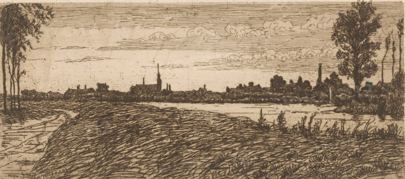 Village on the Vecht, print, printmaker: Maurits van der Valk (signed by artist), 1867 - 1931, paper, etching, intaglio printmaking technique, height 111 mm x width 242 mm, prospect of village, silhouette of village, river, Vecht, A sepia-toned landscape etching showing a wide foreground of textured grasses and gently rolling earth leading to a calm body of water, with reedlike plants along the water's edge. Beyond the water, a low, continuous line of buildings and clustered trees stretches across the horizon, punctuated by a tall, narrow spire and a slender vertical structure. On both sides of the composition, groups of tall trees frame the scene, their detailed foliage rendered with dense, linear strokes. The sky above is filled with horizontal lines and a few rounded cloud shapes, the whole image composed of fine, crosshatched ink lines on a slightly speckled paper surface.