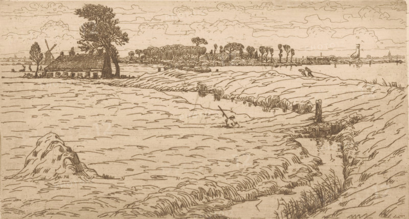Landscape with meadow, farm and water, print, printmaker: Maurits van der Valk (signed by artist), 1867 - 1931, paper, etching, drypoint, intaglio printmaking technique, height 124 mm x width 225 mm, meadow, pasture, farm or solitary house in landscape, A sepia-toned line drawing of a flat riverside landscape with undulating banks and grassy clumps, featuring a low thatched cottage partially obscured by tall trees at the left, a windmill behind it, and a cluster of distant trees and buildings along the horizon. A small boat with a sail is visible near the right horizon, and a lone figure sits on the near bank holding a long pole. Wispy clouds stretch across the sky above the scene.