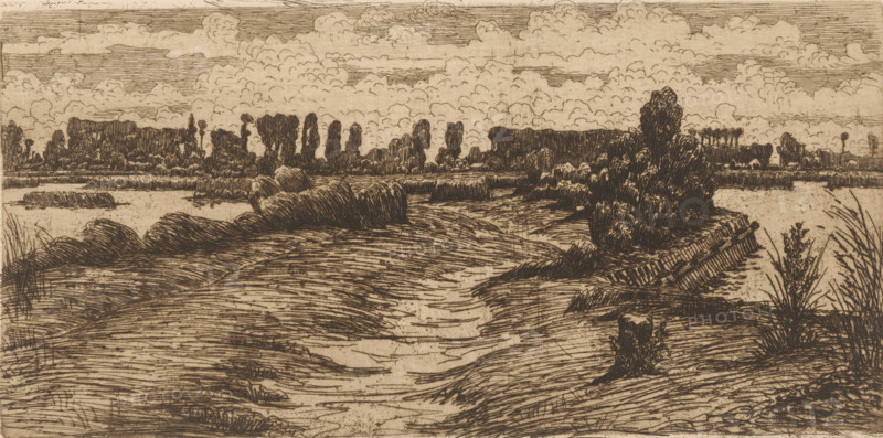 Path through landscape with puddles, print, printmaker: Maurits van der Valk (signed by artist), 1867 - 1931, paper, etching, drypoint, intaglio printmaking technique, height 124 mm x width 248 mm, road, path, landscapes with waters, waterscapes, seascapes (in the temperate zone), A sepia-toned etching of a riverside landscape showing rolling grassy banks leading down to a winding water channel, with clusters of tall, bushy trees and reeds along the shoreline and in the distance, a low horizon filled with more clustered treetops. The sky is filled with numerous billowing, textured clouds rendered with fine parallel lines, and the foreground includes tufts of grass and a small stumpy tree trunk near the water's edge. The composition emphasizes curved, closely spaced linework to depict the contours of the land, the rippling surface of the water, and the dense foliage, creating an overall detailed, linear appearance.