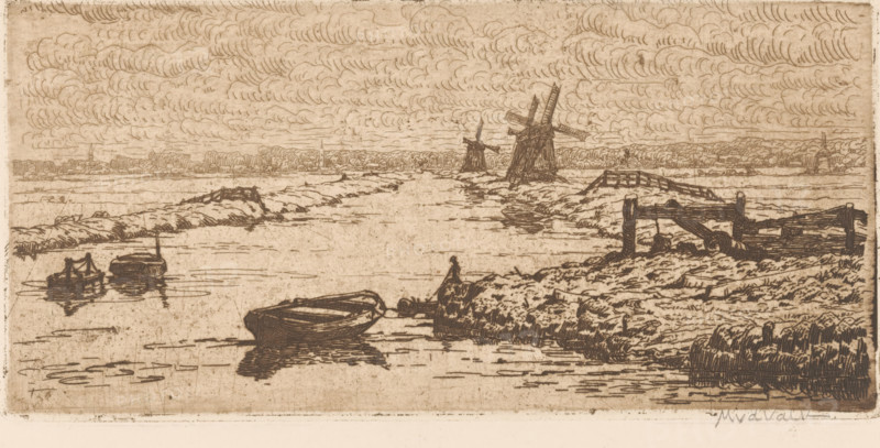 Landscape with meadows, canal and windmills, print, printmaker: Maurits van der Valk (signed by artist), 1867 - 1931, paper, etching, drypoint, intaglio printmaking technique, height 104 mm x width 214 mm, meadow, pasture, rowing-boat, canoe, canal, windmill in landscape, A sepia-toned landscape etching showing a river or canal extending toward the horizon with small boats moored in the foreground and midground, a low grassy embankment and banks on either side, wooden fences and simple structures along the shore, and three windmills standing on the distant bank. The sky is filled with layered, curved cloud forms etched across the upper half of the image, and the water surface shows reflected lines and ripples beneath the boats. Overall the scene is rendered in fine linear strokes with varied hatching to indicate texture and shading.