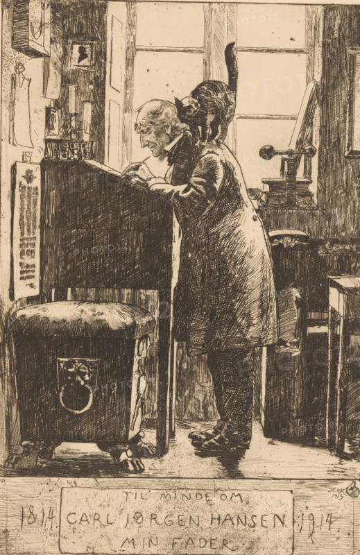 Father of the artist, Til minde om, Carl Jorgen Hansen, min fader, 1814 1914, print, Portrait of Carl Jorgen Hansen, the artist's father, writing as an old bookkeeper behind a pulpit., collector's mark: 'DDRF', printmaker: Hans Nicolai Aksel Hansen, Denmark, 1913, paper, etching, drypoint, etching and drypoint, height 298 mm x width 200 mm, historical persons, old man, An elderly man is leaning over a slanted writing desk, holding a pen and concentrating on the paper beneath his hand, while a cat stands on his shoulder with its tail raised; the man wears a long coat and has a balding head and prominent facial features, and he stands on a wooden floor in front of a large window with panes. Surrounding him are various furnishings including a cushioned stool with carved legs and a decorative ring on its side, a tall cabinet or chest near the desk, a small table with stacked books and a lamplike object, and wall hangings and framed pictures; the scene is rendered in detailed pen-and-ink li...