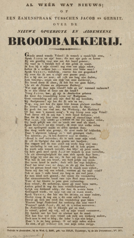Dialogue between Jacob and Gerrit about the newly established and general bakery, Poem about the General Mechanical Bakery, text sheet, poem, printer (person): widow C. Kok née Van Kolm, Amsterdam, c. 1829, printer (person), paper, letterpress printing, woodcut, height 341 mm x width 217 mm, baker, A vertical aged paper sheet photographed from above showing a printed layout with a large bold heading near the top and multiple columns of smaller printed lines filling most of the page, printed in a dark ink that shows slight fading and unevenness; the paper has a warm beige tone with visible grain and scattered small dark specks, a few larger brownish stains toward the right center, and minor edge wear; narrow margins surround the printed area and a short decorative line appears under the main heading.