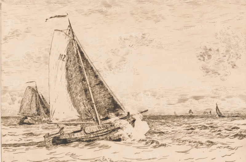 Sailing ships, print, printmaker: Willem Bastiaan Tholen, 1870 - 1931, paper, etching, intaglio printmaking technique, height 307 mm x width 439 mm, sailing-ship, sailing-boat, Zuiderzee, A sepia-toned ink sketch of sailing boats on choppy water, with a large sailboat tilted forward in the foreground showing detailed crosshatching on its sails and hull, a crew member visible near the stern, another sailboat partly visible behind it with a similar rigging, and additional small sailboats on the distant horizon; the sky is filled with fine, horizontal and curved strokes suggesting clouds and movement, and the sea is rendered with rhythmic, short lines indicating waves and foam.